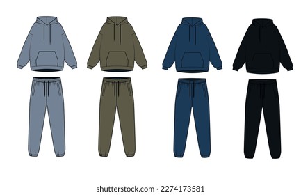 Collection of gray, blue, olive and black tracksuits, vector. Vector drawing of a hoodie with a front pocket and joggers. Hooded sweatshirt and drawstring sweatpants.