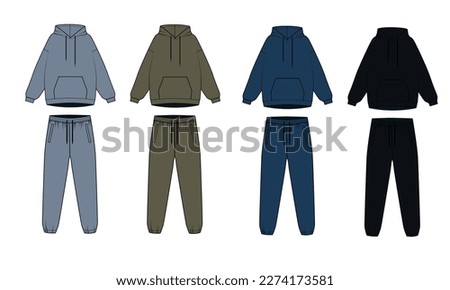 Collection of gray, blue, olive and black tracksuits, vector. Vector drawing of a hoodie with a front pocket and joggers. Hooded sweatshirt and drawstring sweatpants.