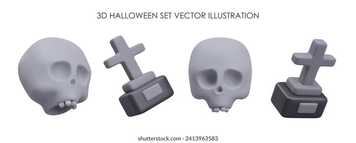 Collection with gray human scull and cross with stone stand. Realistic objects for Halloween decoration. Dead man and grave in cartoon style. Vector illustration in 3d style with place for text
