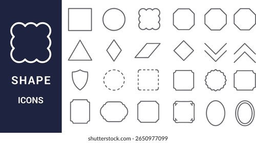 A collection of gray line art geometric shapes including squares circles triangles and more arranged in a grid pattern on a white background
