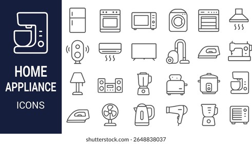 A collection of gray line art home appliance icons on a white background. The icons depict various kitchen and household items. Simple line style.