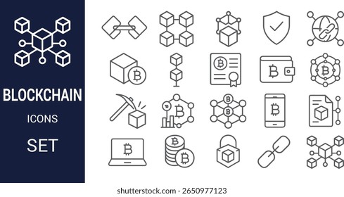 Uma coleção de ícones de arte de linha cinza que retratam vários aspectos da tecnologia blockchain e criptomoeda, incluindo símbolos de bitcoin e estruturas de rede.