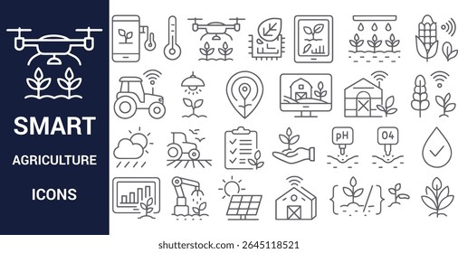 A collection of gray line icons depicting various aspects of smart agriculture including drones, tractors, sensors, data analysis, and automated systems. The style is simple and consistent.