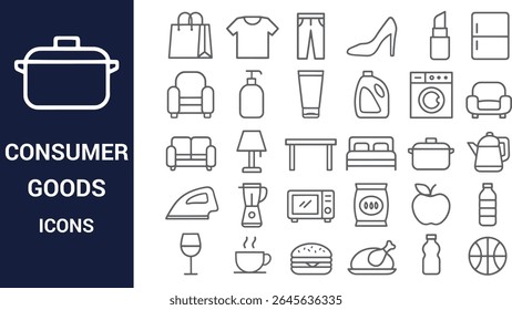 A collection of gray line icons depicting various consumer goods against a white background. The icons include clothing, household appliances, food, and furniture.