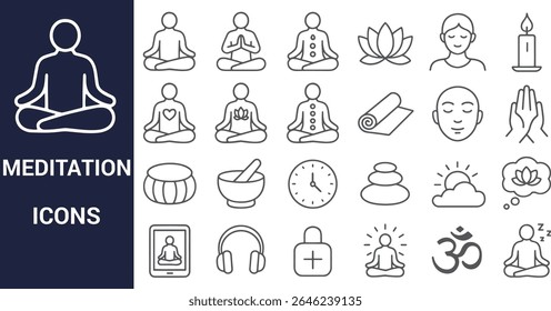 Uma coleção de ícones de linha cinza que retratam vários símbolos de meditação e práticas de ioga, incluindo flores de lótus, velas e pessoas em poses meditativas. Estilo de arte de linha simples.