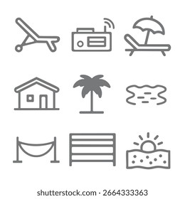 Colección de iconos de línea gris que representan la playa y los Elementos de vacaciones