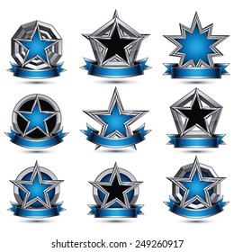 Collection of gray round heraldic 3d glamorous icons, silver graphic objects with pentagonal stars and wavy stripes, clear EPS 8 vector design element.