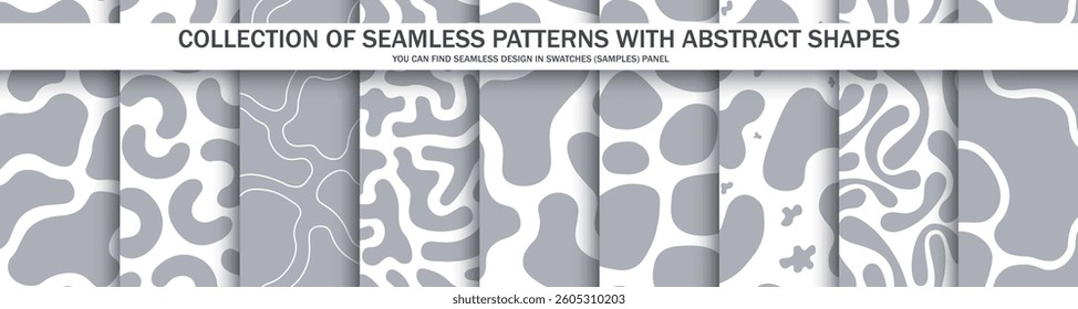 Collection of gray seamless patterns with abstract shapes. Creative vector monochrome spotted backgrounds. Drawing trendy endless textures. You can find repeatable design in swatches panel