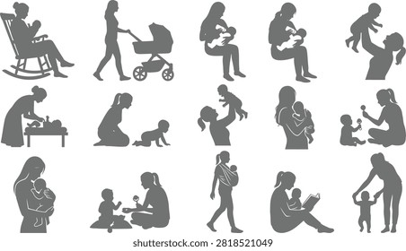 A collection of gray silhouette illustrations showing mothers caring for babies and children through activities such as breastfeeding, rocking, strolling, playing, reading, and carrying. Ideal for parenting websites, childcare brands, baby product packaging, and family-themed marketing materials.