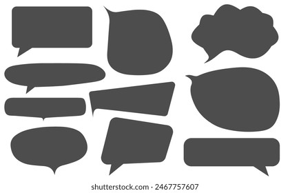 Collection of gray speech bubble icons in various shapes and sizes. Perfect for monochrome designs, communication themes, and creative projects needing neutral speech indicators.
