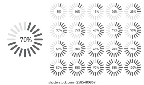 A collection of grayscale radial bar progress charts displaying percentage levels from 5% to 100% in an abstract style