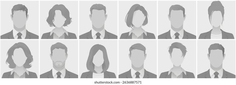 Collection of grayscale silhouette avatar defoult photo placeholder portraits depicting diverse business professionals in suits shown in a grid format representing teamwork Ideal for corporate use.