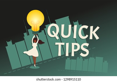 Collection of Greating Card, Banner, Poster, Flat Design. I have new Idea. Quick Tips. Epiphany with Girl in White Dress and a lightbulb overhead with background. Vector illustration.