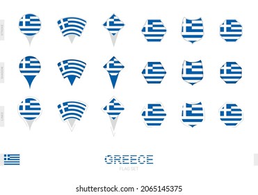 Colección de la bandera griega en diferentes formas y con tres efectos diferentes. Indicador de vector establecido.