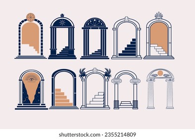 Collection of Greek ancient arch. Minimal line art and hand drawn illustrations. Editable vector illustration