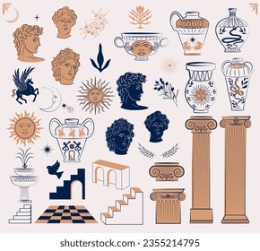 Collection of Greek ancient elements, arch, greek sculpture, ceramic vase, mystical elements. Editable print art.