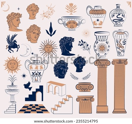 Collection of Greek ancient elements, arch, greek sculpture, ceramic vase, mystical elements. Editable print art.