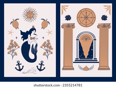 Collection of Greek ancient posters with mythology and mystical elements. Editable print art.