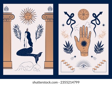 Collection of Greek ancient posters with mythology and mystical elements. Editable print art.