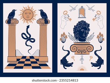 Sammlung griechischer alter Plakate mit Mythologie und mystischen Elementen. Bearbeitbare Druckkunst.