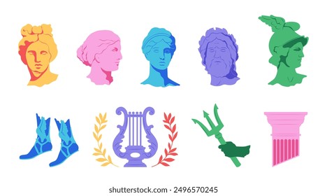 Collection of greek statues head silhouettes. Sculpture 2000s ancient elements, harp, column, wings, trident. Modern y2k icon characters, stickers. Vector illustration 