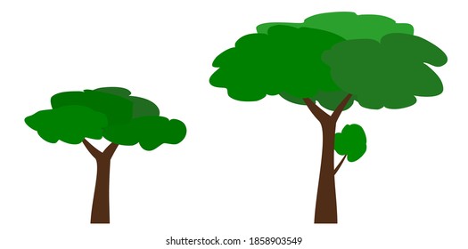 Collection of green 2 trees. Different simple trees on white background. Natural illustration.