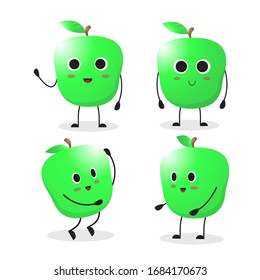 the collection of green apple in the different posing. vector illustration cute cartoon fruit character set on white background