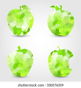 Collection of green apple polygon icon in modern style with shadow and gray background. Bright geometric symbol of food and fruit. Apple vector set.
