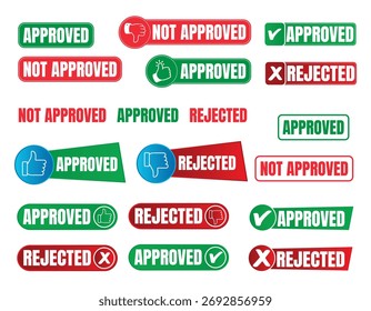 Una colección de insignias, sellos y rótulos aprobados y rechazados o no aprobados, que indica el Estado y las decisiones.