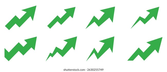 Collection of green arrow, upward trend, growth, progress, success, positive, momentum, chart, graph, finance, investment, business arrow symbol vector