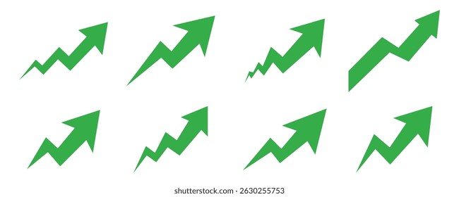 Collection of green arrow, upward trend, growth, progress, success, positive, momentum, chart, graph, finance, investment, business arrow symbol vector