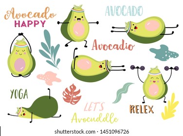 Collection of green avocado card set with leaf,avocado exercise. Let's avocuddle