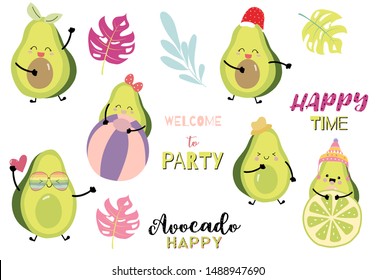 Collection of green avocado card set with leaf,avocado christmas.Happy time