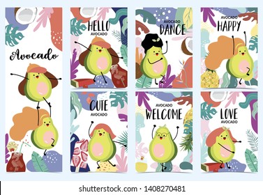 Collection of green avocado set with avocado dancing