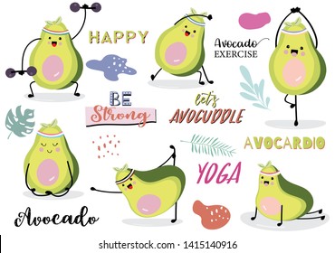 Collection of green avocado set with leaf,avocado exercise. Let's avocuddle