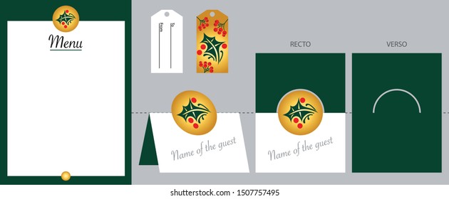 Collection of green background templates, to decorate your Christmas table - illustrated with a holly leaf.
