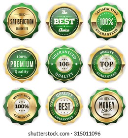 Collection of green badges with gold border on white background