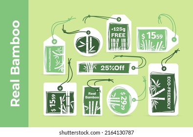 Collection green bamboo advertising promo marketing tag rope vector illustration. Set organic cosmetic grocery food paper labels sale discount special commercial offer price print advertising emblem