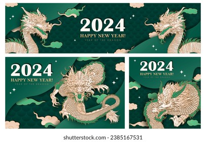 Collection of green banners with hand drawn paper cut clouds, stars and golden Chinese dragon zodiac sign for 2024 New Year. Greeting cards in asian style for Christmas holidays and Year of the dragon