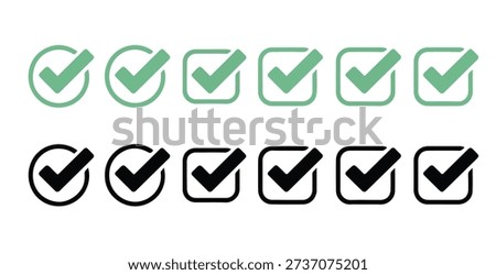 Collection of green and black check mark icons in both circle and square frames, clean vector graphics for approval