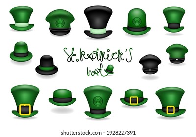 Collection of green and black hats. Caps of leprechaun or gnome. Set of hats for the feast of St. Patrick with the symbol of the trefoil. Vector illustration.