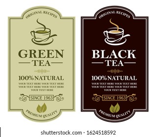 collection of green and black tea labels with cup