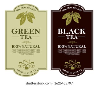 collection of green and black tea labels with leaves and cup