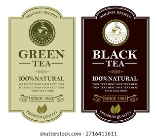 collection of green and black tea labels with leaves and cup
