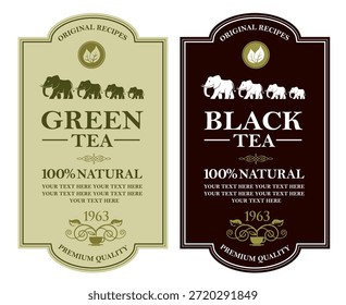 colección de etiquetas de té verde y negro con hojas y taza