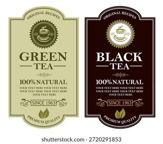 colección de etiquetas de té verde y negro con hojas y taza