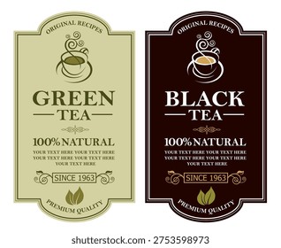 collection of green and black tea labels with leaves and cup