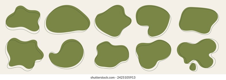Collection of green blobs. Irregular shapes. Abstract organic figures. Vector frames for text with thin line. 