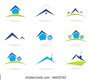 Collection of green and blue real estate icons. Vector Illustration.