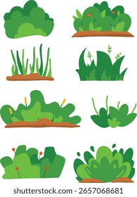 collection of green bushes and grass elements hand drawn doodle.
